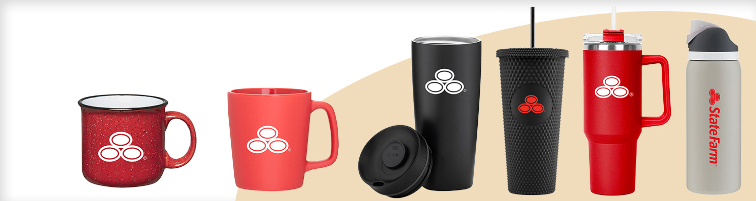 Six State Farm-branded drinkware items: mugs, tumblers, and a water bottle in red, black, and gray.